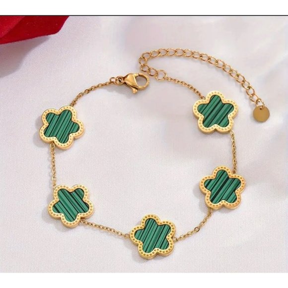 NWT Stainless Steel Gold Green Flower Bracelet Women Jewelry Flower Bracelet - Picture 2 of 3